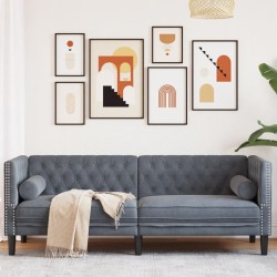 3 személyes sötétszürke bársony chesterfield kanapé párnákkal