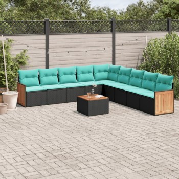 10 db fekete polyrattan kerti kanapégarnitúra párnákkal