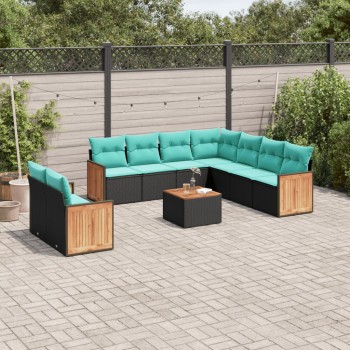 10 db fekete polyrattan kerti kanapégarnitúra párnákkal