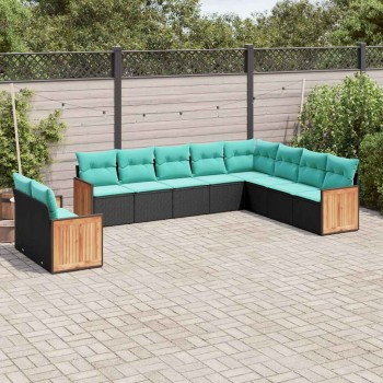 10 db fekete polyrattan kerti kanapégarnitúra párnákkal