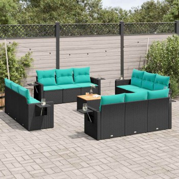 13 db fekete polyrattan kerti kanapégarnitúra párnákkal