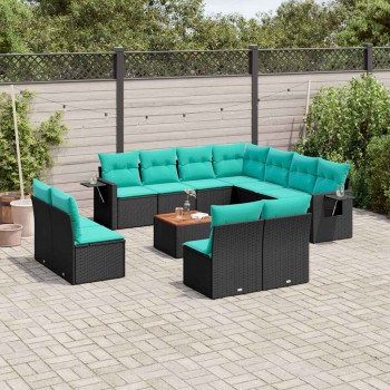 12 db fekete polyrattan kerti kanapégarnitúra párnákkal
