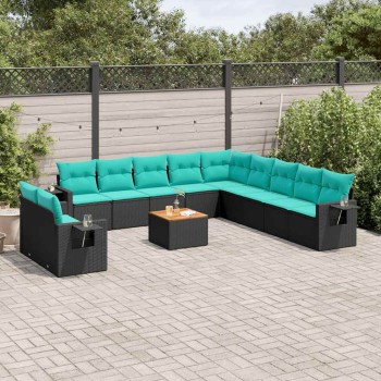 12 db fekete polyrattan kerti kanapégarnitúra párnákkal
