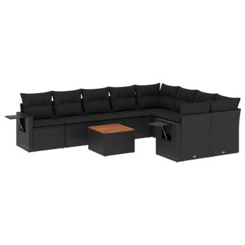 10 részes fekete polyrattan kerti ülőgarnitúra párnákkal
