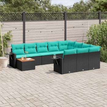 11 db fekete polyrattan kerti kanapégarnitúra párnákkal