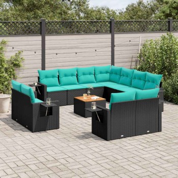 12 db fekete polyrattan kerti kanapégarnitúra párnákkal