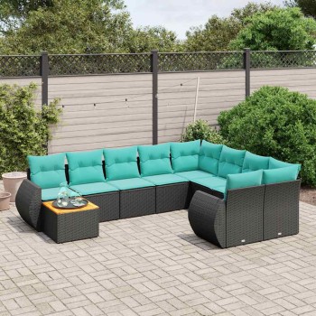 10 db fekete polyrattan kerti kanapégarnitúra párnákkal