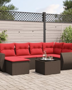 7 db barna polyrattan kerti kanapégarnitúra párnákkal