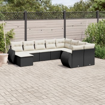 10 részes fekete polyrattan kerti ülőgarnitúra párnákkal