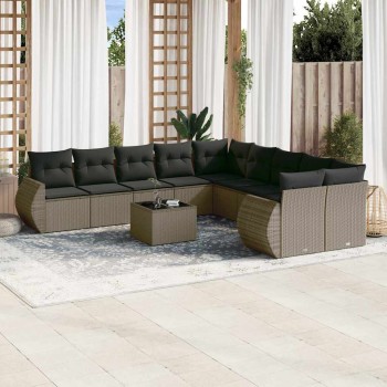 11 részes világosszürke polyrattan kerti ülőgarnitúra párnákkal