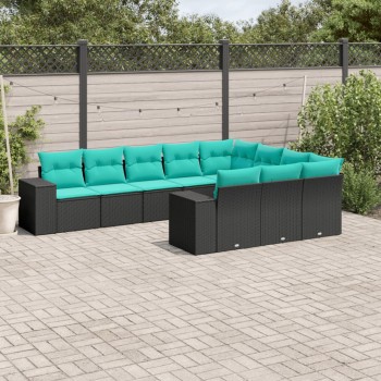 10 db fekete polyrattan kerti kanapégarnitúra párnákkal