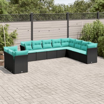 10 db fekete polyrattan kerti kanapégarnitúra párnákkal
