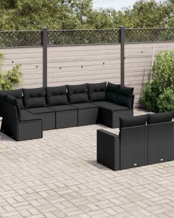 9 részes fekete polyrattan kerti ülőgarnitúra párnákkal