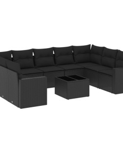 10 részes fekete polyrattan kerti ülőgarnitúra párnákkal
