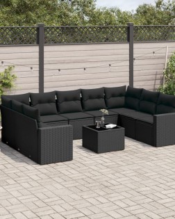 10 részes fekete polyrattan kerti ülőgarnitúra párnákkal