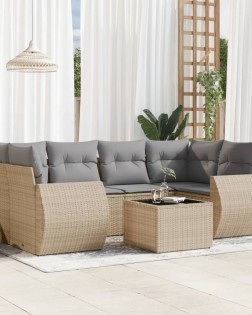 7 részes bézs polyrattan kerti ülőgarnitúra párnákkal