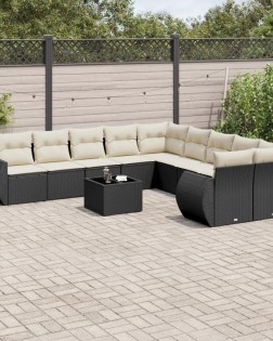 11 részes fekete polyrattan kerti ülőgarnitúra párnákkal