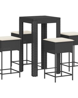 5 részes fekete polyrattan kerti bárszett párnával