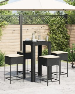 5 részes fekete polyrattan kerti bárszett párnával