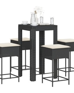 5 részes fekete polyrattan kerti bárszett párnával