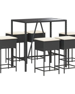 7 részes fekete polyrattan kerti bárszett párnákkal
