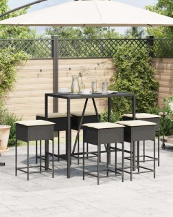 7 részes fekete polyrattan kerti bárszett párnákkal