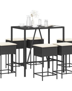 7 részes fekete polyrattan kerti bárszett párnákkal