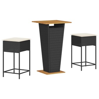 3 részes fekete polyrattan kerti bárszett párnával
