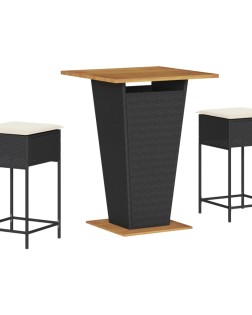3 részes fekete polyrattan kerti bárszett párnával