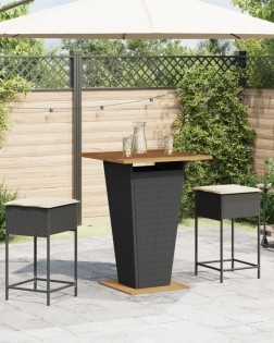 3 részes fekete polyrattan kerti bárszett párnával