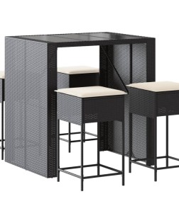 5 részes fekete polyrattan kerti bárszett párnával