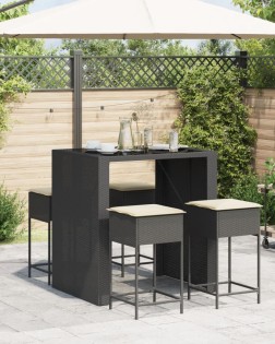 5 részes fekete polyrattan kerti bárszett párnával