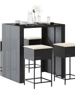 5 részes fekete polyrattan kerti bárszett párnával