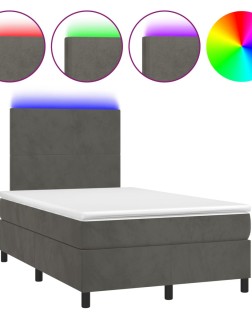 Sötétszürke bársony rugós és led-es ágy matraccal 120x190 cm