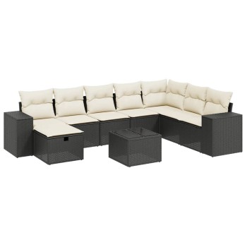 9 részes fekete polyrattan kerti ülőgarnitúra párnákkal