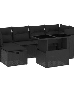7 részes fekete polyrattan kerti ülőgarnitúra párnával