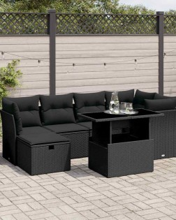 7 részes fekete polyrattan kerti ülőgarnitúra párnával