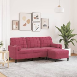 3 személyes bordó bársonykanapé lábtartóval 180 cm