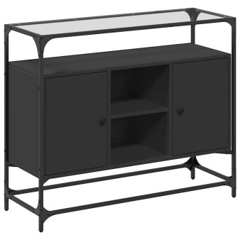 Fekete szerelt fa tálalószekrény üveglappal 98 x 35 x 81 cm