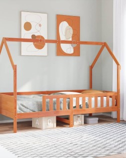 Viaszbarna tömör fenyőfa házikó gyerekágykeret 80 x 200 cm