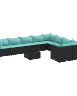 10 részes fekete polyrattan kerti ülőgarnitúra párnákkal