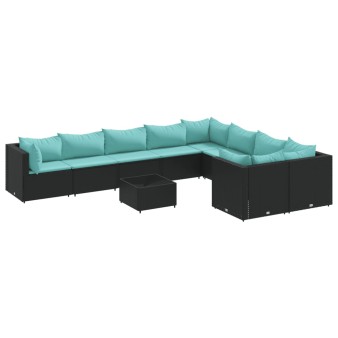 10 részes fekete polyrattan kerti ülőgarnitúra párnákkal