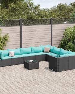 10 részes fekete polyrattan kerti ülőgarnitúra párnákkal