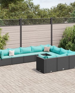 10 részes fekete polyrattan kerti ülőgarnitúra párnákkal
