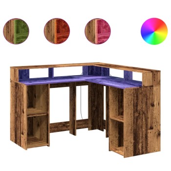 Antik fa színű szerelt fa íróasztal led-ekkel 130 x 130 x 91 cm