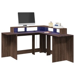 Barna tölgy színű szerelt fa íróasztal led-ekkel 152x152x91 cm