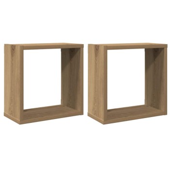 2 db kézműves tölgyszínű szerelt fa fali kockapolc 30x15x30 cm