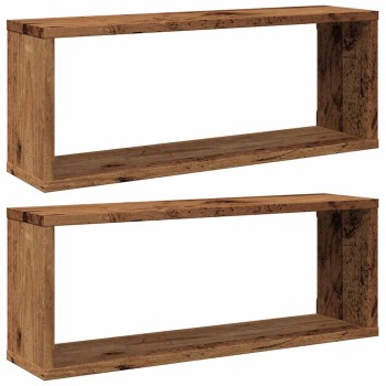 2 db antik fa színű szerelt fa fali kockapolc 60 x 15 x 23 cm