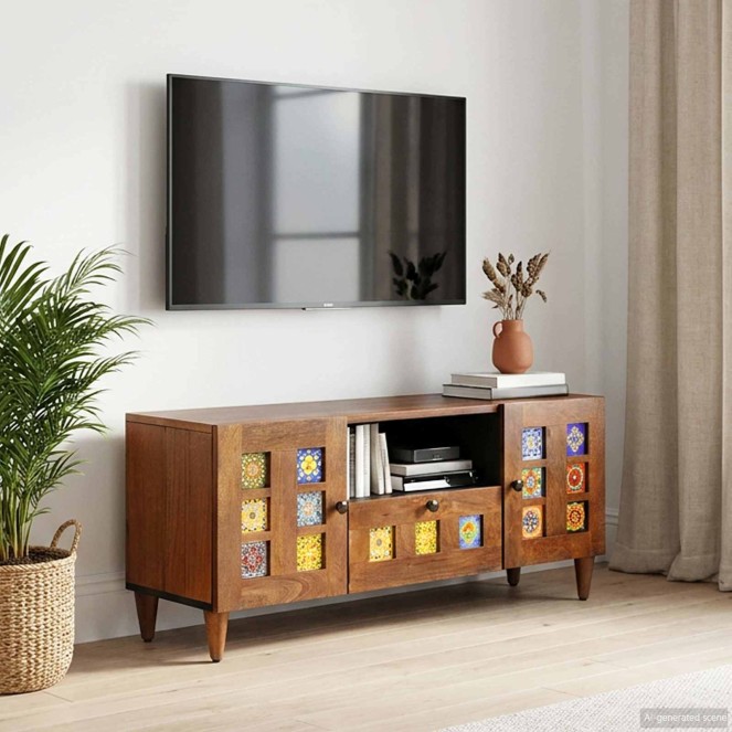Tv szekrény fiókkal ajtóval dió 105 x 33 x 46 cm tömör mangófát