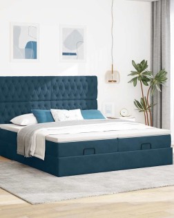 Ottomán ágykeret matracokkal sötétkék 200x200cm bársony